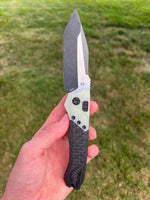 Heretic Knives Wraith Auto Battleworn Black Tanto, Carbon Fiber Handle with Jade G-10 Bolster. H100-8A-Jade